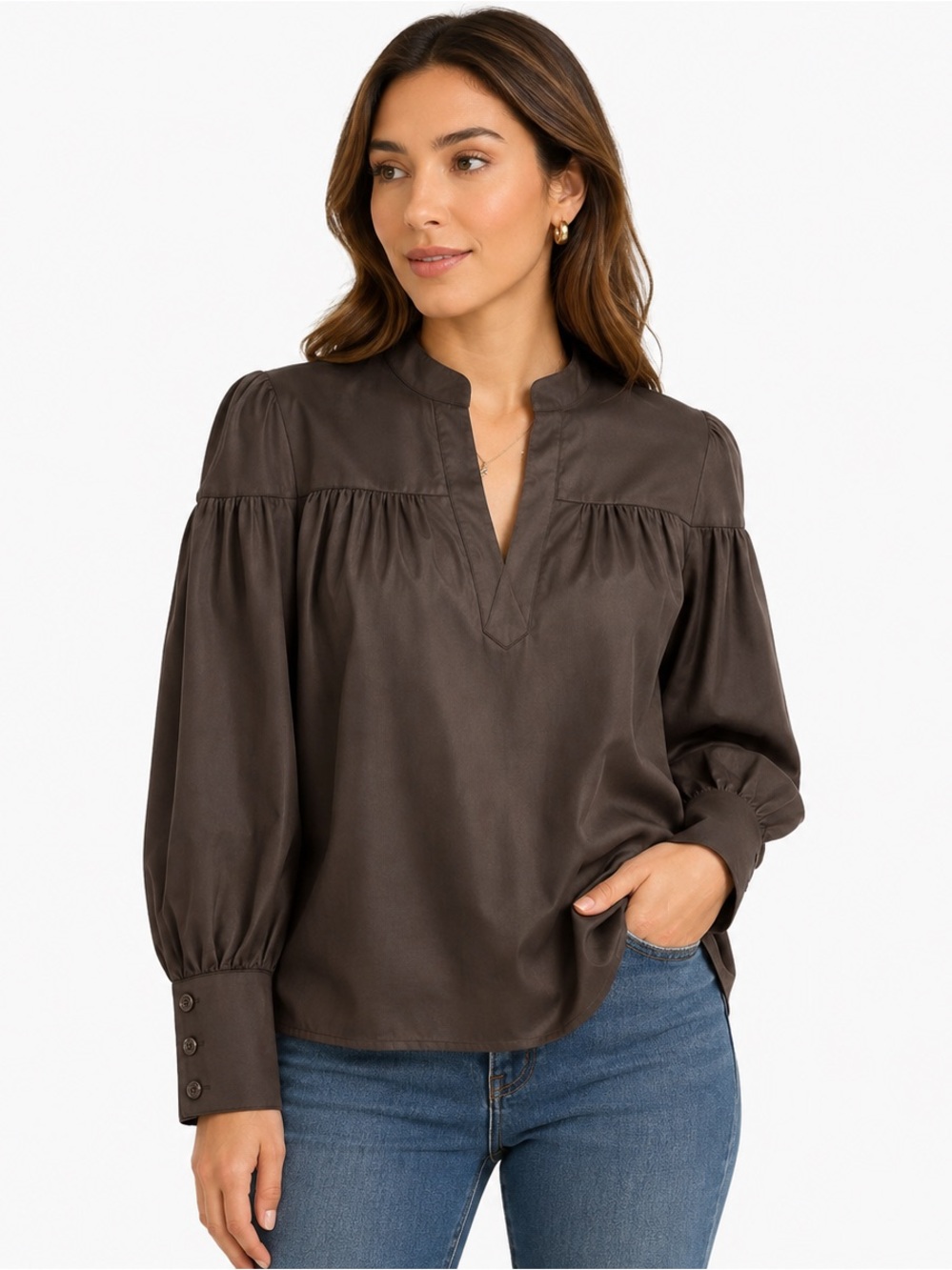 Frame Denim Chocolate Brown Split-Neck Satin Blouse